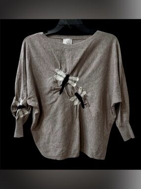 Beige Knit Sweater with Dragonfly Appliqués
